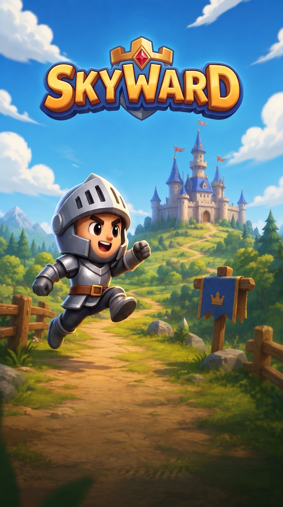 Skyward key art: a small squire in oversized armour running toward a castle on a hill.