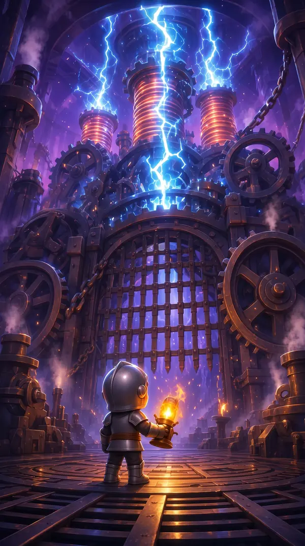 Tam at an iron portcullis under lightning.