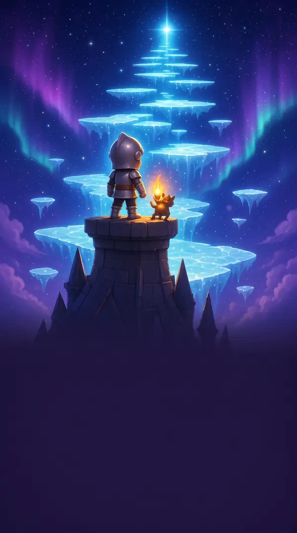 Tam on a step of held light under the aurora.