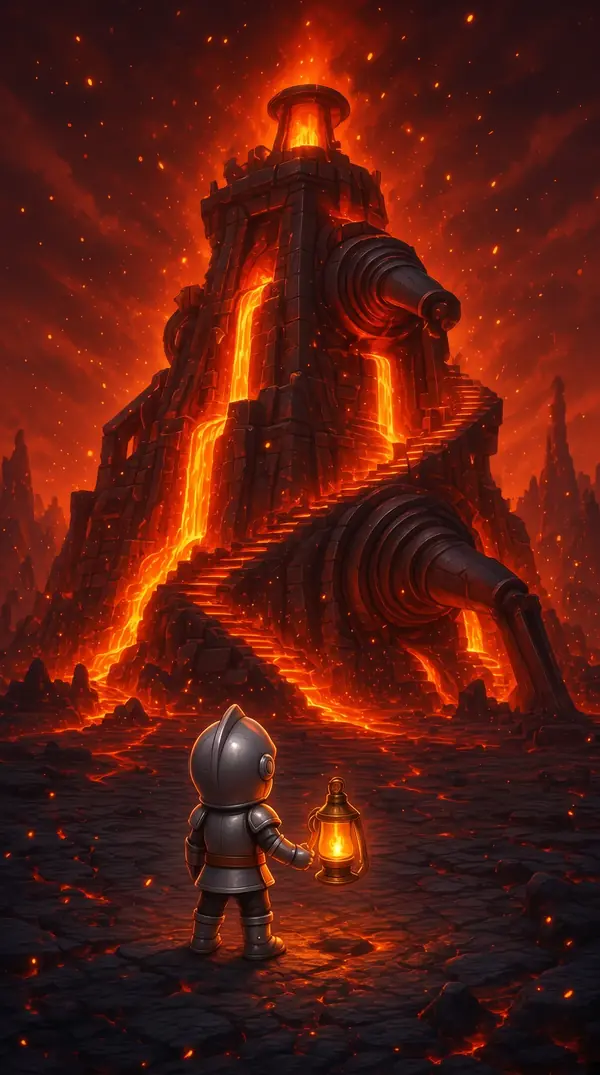 A foundry tower running with molten iron.