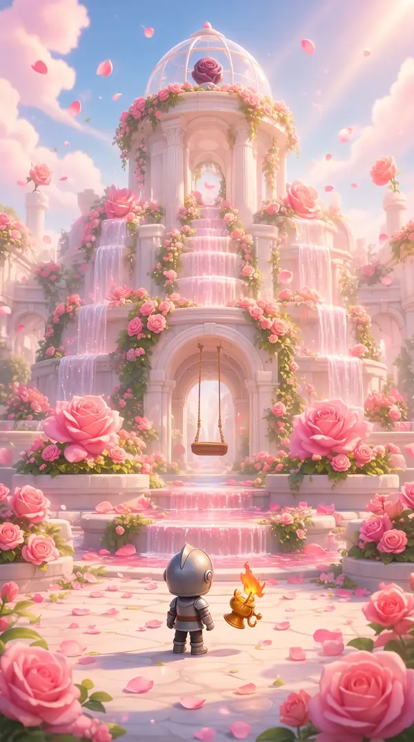 A white marble cloister covered in roses.
