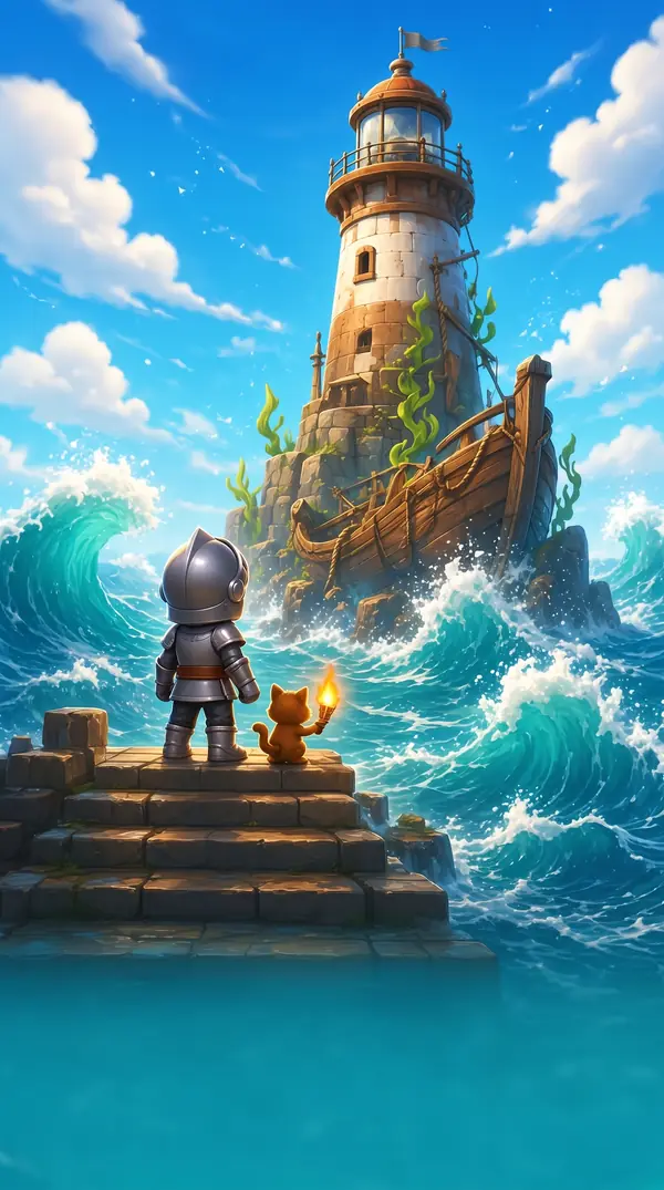 A lighthouse over a breaking sea.