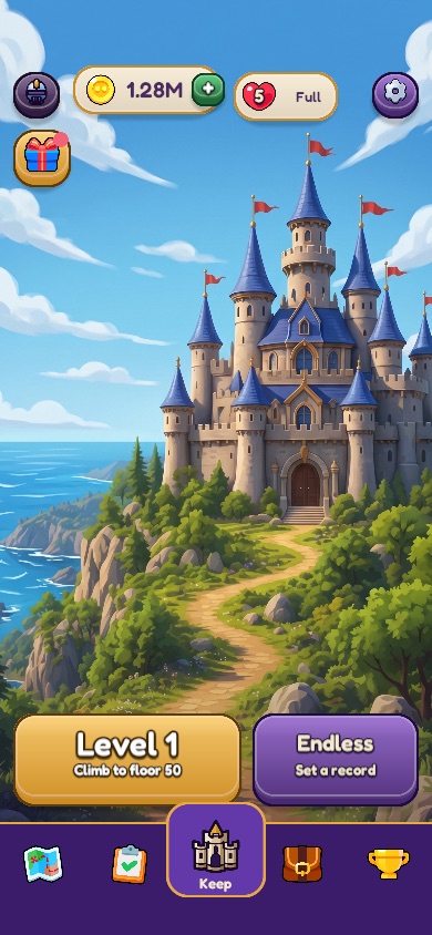 The Keep, the game's home screen, with the castle on its cliff.