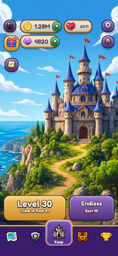 The Keep, the home screen, with the castle on its cliff.