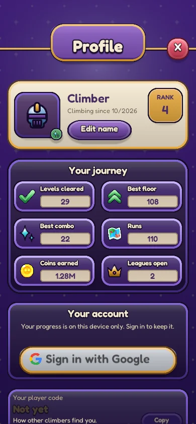 A player's profile and journey.