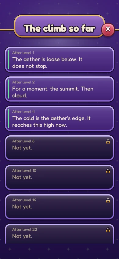 The climb so far: the story cards collected between levels.
